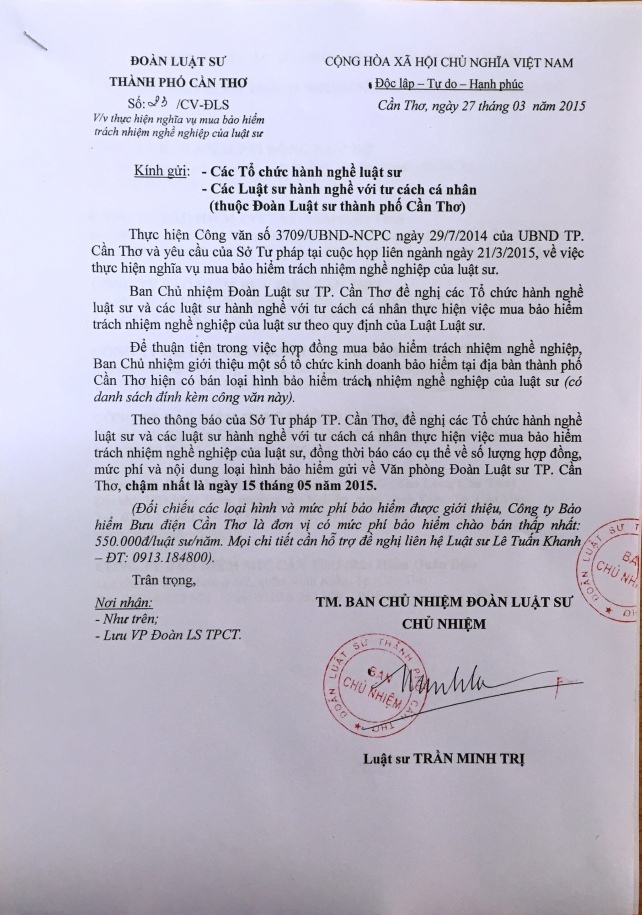 V/v thực hiện nghĩa vụ mua bảo hiểm trách nhiệm nghề nghiệp Luật sư