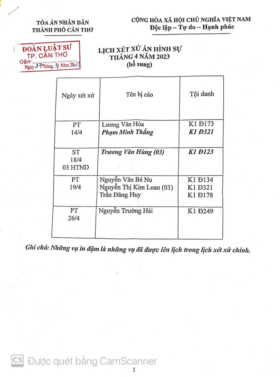 Lịch Xét Xử Án Hình Sự Tháng 04/2023 Bổ Sung