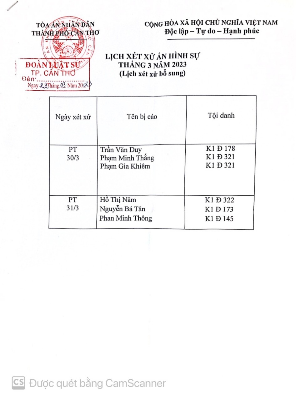 Lịch Xét Xử Án Hình Sự Tháng 03/2023 Bổ Sung