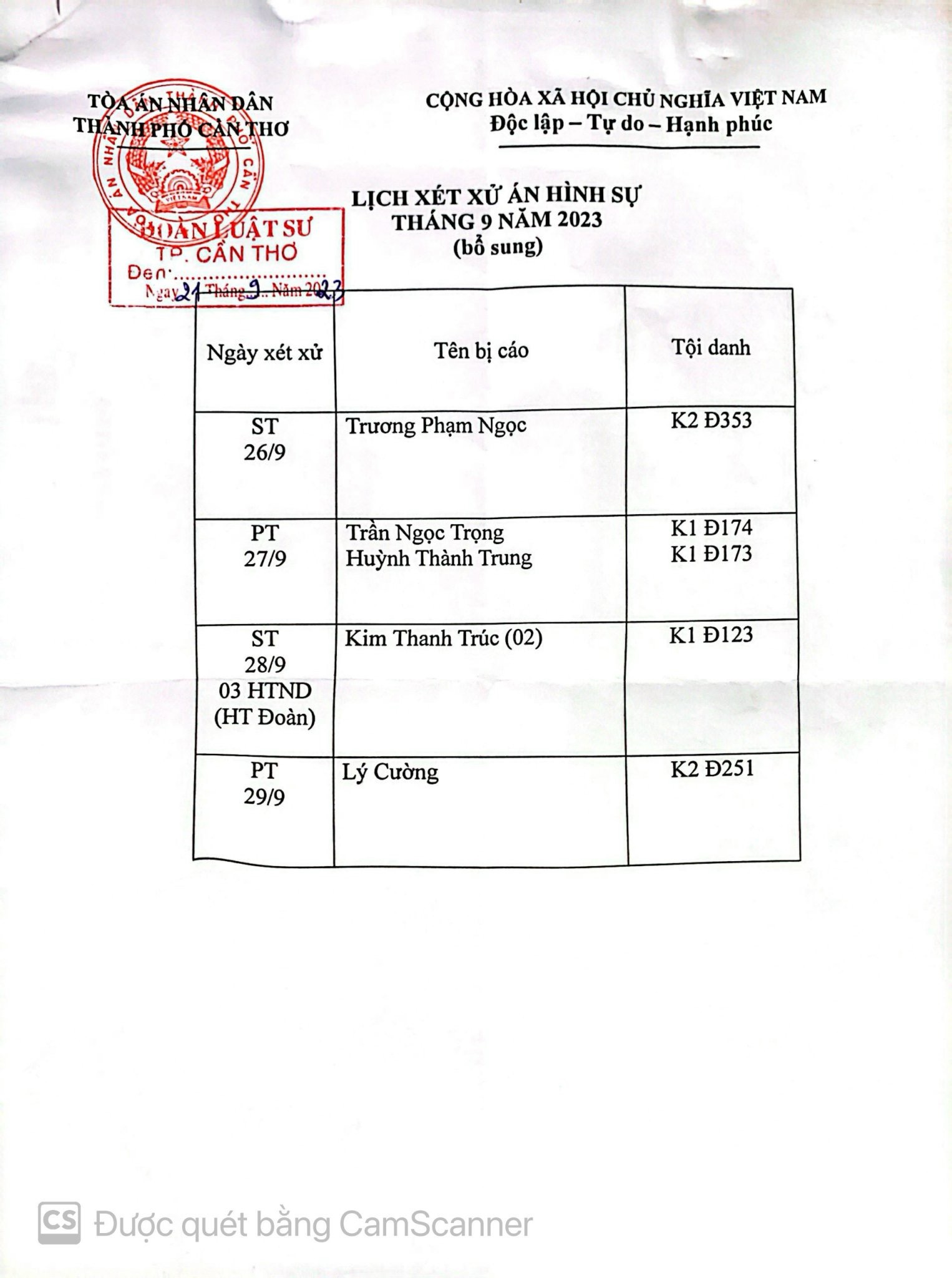 Lịch Xét Xử Án Hình Sự Tháng 09/2023 Bổ Sung