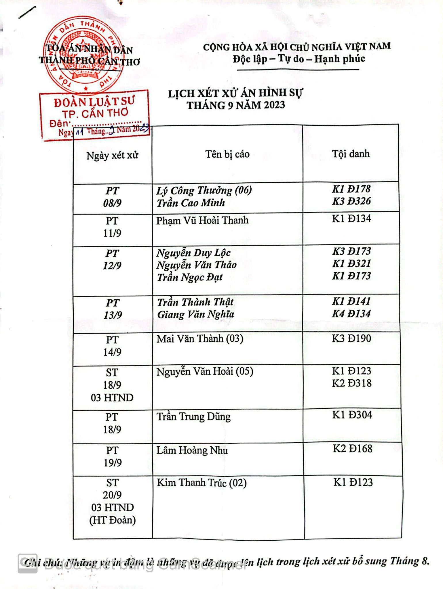 Lịch Xét Xử Án Hình Sự Tháng 09/2023
