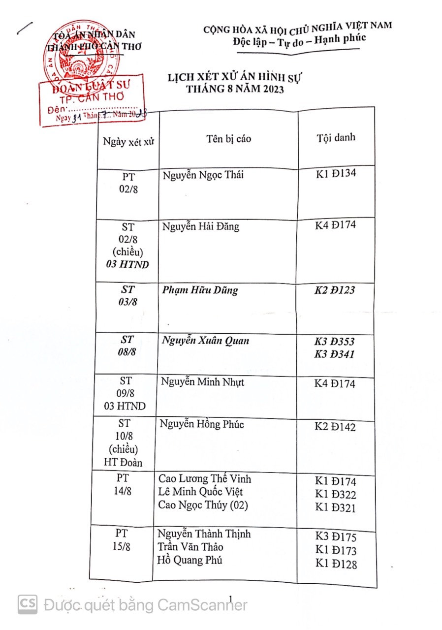 Lịch Xét Xửa Án Hình Sự Tháng 08/2023