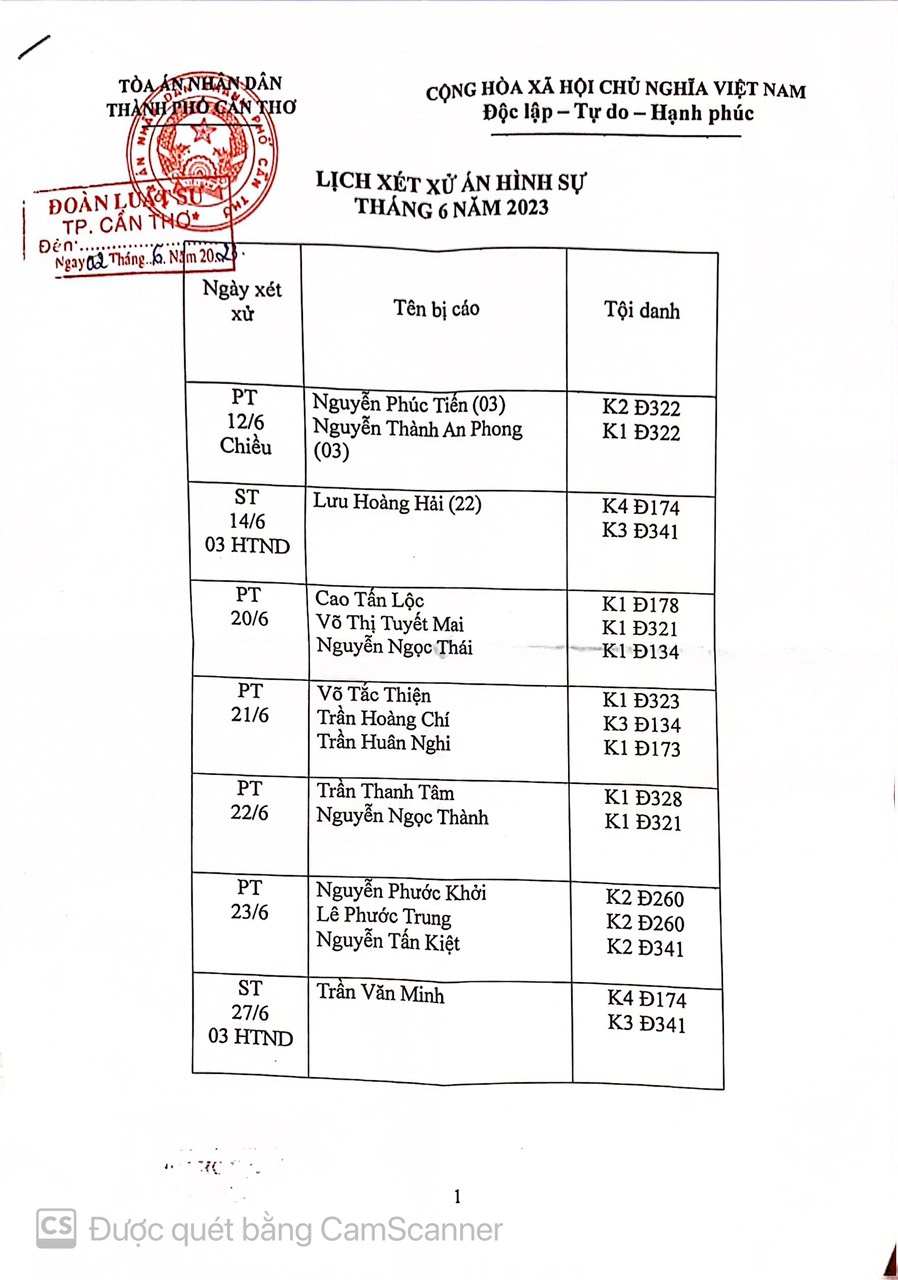 Lịch Xét Xửa Án Hình Sự Tháng 06/2023