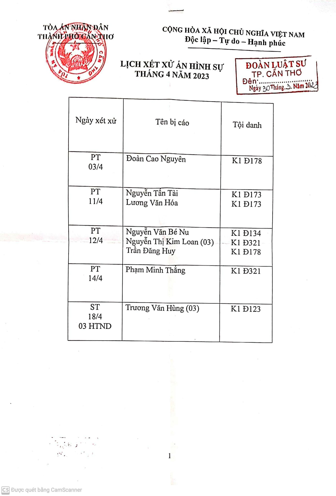 Lịch Xét Xử Án Hình Sự Tháng 04/2023