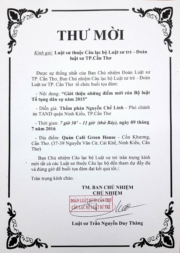 THƯ MỜI : Tham gia tọa đàm “Giới thiệu những điểm mới của Bộ luật Tố tụng dân sự năm 2015”