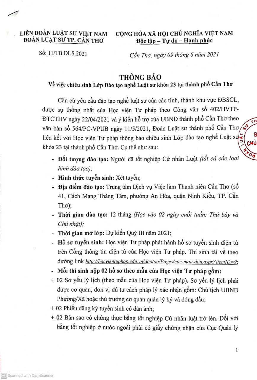 THÔNG BÁO CHIÊU SINH LỚP ĐÀO TẠO NGHỀ LUẬT SƯ KHÓA 23 TẠI THÀNH PHỐ CẦN THƠ